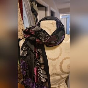 Vintage Sheer Scarf With Velvet Flowers-  Black and Purple.